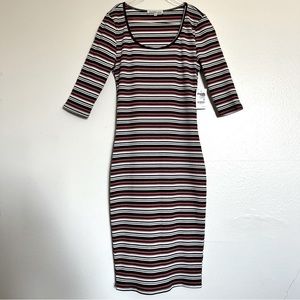 CHARLOTTE RUSSE Elbow Sleeve Stripped Midi Bodycon Dress - MauvePink/Black/White